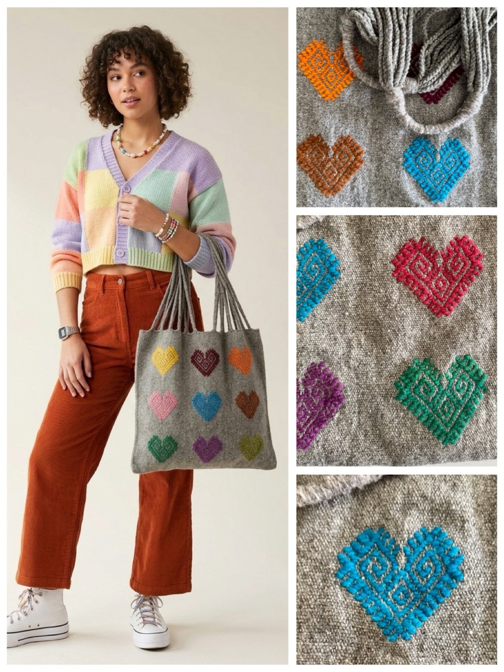 Mexican Handcrafted Grey Wool Knit Shoulder Tote, Woven Hearts Market Bag - Picture 10 of 17